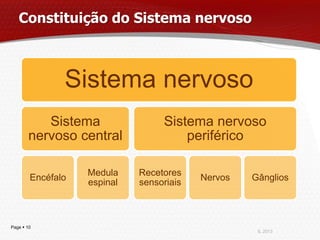 Constituição do Sistema nervoso



               Sistema nervoso
          Sistema                 Sistema nervoso
       nervoso central                periférico

                   Medula    Recetores
        Encéfalo                          Nervos   Gânglios
                   espinal   sensoriais



Page  10
                                                    IL 2013
 