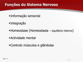 Funções do Sistema Nervoso


            Informação sensorial

            Integração

            Homeostase (Homeostasia – equilibrio interno)

            Actividade mental

            Controlo músculos e glândulas


Page  11
                                                     IL 2013
 