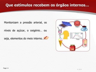 Que estímulos recebem os órgãos internos…



 Monitorizam a pressão arterial, os

 níveis de açúcar, o oxigénio… ou

 seja, elementos do meio interno.




Page  4
                                      IL 2013
 