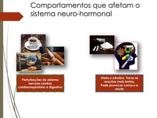 Comportamentos que afetam o
sistema neuro-hormonal
Perturbações do sistema
nervoso central,
cardiorrespiratório e digestivo
Afeta o cérebro. Torna as
reações mais lentas.
Pode provocar coma e a
morte
 