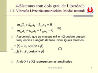 4-Sistemas com dois grau de Liberdade
4.3- Vibração Livre não amortecidas. Modos naturais


      m11 1 + k11 x1 − k12 x2 = 0
          x
                                             (6)
      m22 2 − k 21 x1 + k 22 x2 = 0
           x
     Assumindo que as massas m1 e m2 podem possuir
      frequencias e angulo de fase inicial iguais teremos:

    x1 (t ) = X 1 cos(ωt + φ )
                                              (7)
    x2 (t ) = X 2 cos(ωt + φ )

     Ande X1 e X2 representam as amplitudes
                                 Davyd da Cruz Chivala       10
 