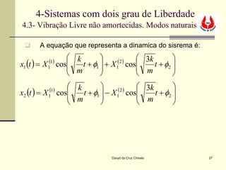 4-Sistemas com dois grau de Liberdade
4.3- Vibração Livre não amortecidas. Modos naturais

       A equação que representa a dinamica do sisrema é:
                      k                   3k       
x1 (t ) = X 1
            (1)      
                  cos                (2 )
                         t + φ1  + X 1 cos
                                
                                                      
                                            m t + φ2 
                      m                            
                      k                   3k        
x2 (t ) = X 1
            (1)      
                  cos          
                                      (2 )
                         t + φ1  − X 1 cos
                                            m  t + φ2 
                                                       
                      m                             




                                   Davyd da Cruz Chivala    27
 