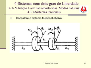 4-Sistemas com dois grau de Liberdade
4.3- Vibração Livre não amortecidas. Modos naturais
              4.3.1-Sistemas torcionais
    Considere o sistema torcional abaixo




                           Davyd da Cruz Chivala      28
 