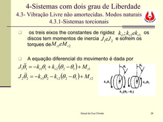 4-Sistemas com dois grau de Liberdade
4.3- Vibração Livre não amortecidas. Modos naturais
              4.3.1-Sistemas torcionais
    os treis eixos the constantes de rigidez kt1 ; kt 2 ekt 3 os
    discos tem momentos de inercia J1eJ 2 e sofrem os
    torques de M t1eM t 2

   A equação diferencial do movimento é dada por
J1θ = −kt1θ1 + kt 2 (θ 2 − θ1 ) + M t1
  
    1

J θ = −k θ − k (θ − θ ) + M
   
  2 2       t3 2    t2   2    1           t2




                                  Davyd da Cruz Chivala             29
 