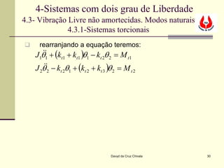 4-Sistemas com dois grau de Liberdade
4.3- Vibração Livre não amortecidas. Modos naturais
              4.3.1-Sistemas torcionais
    rearranjando a equação teremos:
    J1θ + (kt1 + kt1 )θ1 − kt 2θ 2 = M t1
      
        1

    J θ − k θ + (k + k )θ = M
       
     2 2     t2 1      t2    t3   2            t2




                                  Davyd da Cruz Chivala   30
 