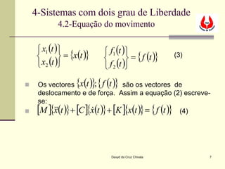 4-Sistemas com dois grau de Liberdade
             4.2-Equação do movimento

      x1 (t )              f1 (t )
              = {x(t )}             = { f (t )}    (3)
      x2 (t )              f 2 (t )

                  { ( )} { ( )}
     Os vectores x t ; f t     são os vectores de
     deslocamento e de força. Assim a equação (2) escreve-
     se:
    [ ]{ ( )} [ ]{ ( )} [ ]{ ( )} { ( )}
      M  t + C x t + K x t = f t
          x                                    (4)




                               Davyd da Cruz Chivala         7
 