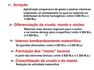 1º -  Acreção Aglutinação progressiva de gases e poeiras cósmicas originando um protoplaneta no qual os materiais se distribuíam de forma homogénea ( entre 4 600 M.a. e 4 500 M.a. 2º -  Diferenciação da crusta, manto e núcleo  Materiais mais densos migraram para o centro e os menos densos para a superfície ( entre 4 500 M.a. e 4 200 M.a. 3º -  Intenso bombardeamento meteorítico De grandes dimensões ( entre 4 200 M.a. e 3 850 M.a.) 4º -  Formação dos “mares” lunares A partir dos derrames lávicos ( entre 3 850 M.a. e 3 200 M.a.) 5º -  Consolidação da crusta e do manto Redução da actividade meteorítica 