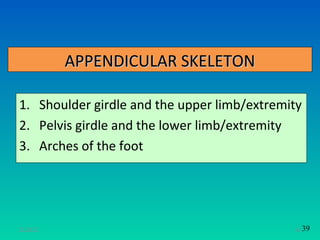 APPENDICULAR SKELETON

1. Shoulder girdle and the upper limb/extremity
2. Pelvis girdle and the lower limb/extremity
3. Arches of the foot




11/26/12                                     34 39
 