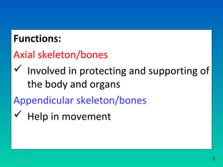Functions:
Axial skeleton/bones
 Involved in protecting and supporting of
   the body and organs
Appendicular skeleton/bones
 Help in movement


11/26/12                                 4   5
 