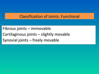 Classification of Joints: Functional

Fibrous joints – immovable
Cartilaginous joints – slightly movable
Synovial joints – freely movable




 11/26/12                                          41
 