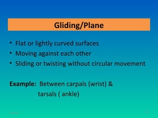 Gliding/Plane
• Flat or lightly curved surfaces
• Moving against each other
• Sliding or twisting without circular movement

Example: Between carpals (wrist) &
         tarsals ( ankle)

11/26/12                                          71
 