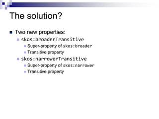 The solution?
   Two new properties:
       skos:broaderTransitive
         Super-property of skos:broader
         Transitive property

       skos:narrowerTransitive
         Super-property of skos:narrower
         Transitive property
 