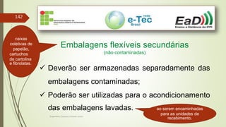 Engenheiro Zacarias Linhares Junior
142
Embalagens flexíveis secundárias
(não contaminadas)
 Deverão ser armazenadas separadamente das
embalagens contaminadas;
 Poderão ser utilizadas para o acondicionamento
das embalagens lavadas.
caixas
coletivas de
papelão,
cartuchos
de cartolina
e fibrolatas.
ao serem encaminhadas
para as unidades de
recebimento.
 