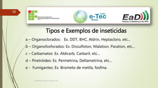 Engenheiro Zacarias Linhares Junior
1616
Tipos e Exemplos de inseticidas
a – Organoclorados: Ex. DDT, BHC, Aldrin, Heptacloro, etc...
b – Organofosforados: Ex. Dissulfoton, Malation, Paration, etc...
c – Carbamatos: Ex. Aldicarb, Carbaril, etc...
d – Piretróides: Ex. Permetrina, Deltametrina, etc...
e - Fumigantes: Ex. Brometo de metila, fosfina.
 