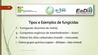 Engenheiro Zacarias Linhares Junior
1818
Tipos e Exemplos de fungicidas
f - Fumigantes (brometo de metila)
g - Compostos orgânicos de estanho(brestan – duter)
h - Etileno-bis-ditio carbamatos (maneb – mancozeb)
i - Outros grupos químicos (captan – difolatan – óleo mineral)
 