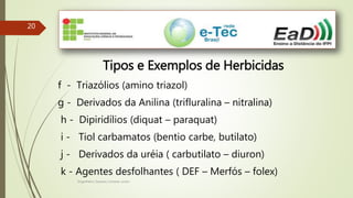 Engenheiro Zacarias Linhares Junior
2020
Tipos e Exemplos de Herbicidas
f - Triazólios (amino triazol)
g - Derivados da Anilina (trifluralina – nitralina)
h - Dipiridílios (diquat – paraquat)
i - Tiol carbamatos (bentio carbe, butilato)
j - Derivados da uréia ( carbutilato – diuron)
k - Agentes desfolhantes ( DEF – Merfós – folex)
 