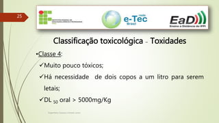 Engenheiro Zacarias Linhares Junior
2525
Classificação toxicológica – Toxidades
•Classe 4:
Muito pouco tóxicos;
Há necessidade de dois copos a um litro para serem
letais;
DL 50 oral > 5000mg/Kg
 