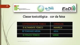 Engenheiro Zacarias Linhares Junior
2626
Classe toxicológica – cor da faixa
I EXTREMAMENTE TÓXICO VERMELHA
II ALTAMENTE TÓXICO AMARELA
III TOXIDADE MÉDIA AZUL
IV POUCO TÓXICO VERDE
 