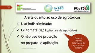 Engenheiro Zacarias Linhares Junior
48
Alerta quanto ao uso de agrotóxicos
 Uso indiscriminado;
 Ex: tomate (39,5 kg/hectare de agrotóxico)
 O não uso de proteção
no preparo e aplicação.
Dado da
Empresa
Catarinense de
agropecuária
(Epagri)
 