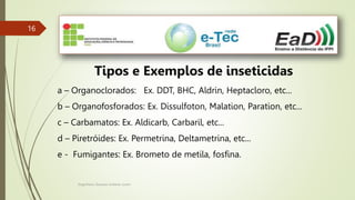Engenheiro Zacarias Linhares Junior
16
16
Tipos e Exemplos de inseticidas
a – Organoclorados: Ex. DDT, BHC, Aldrin, Heptacloro, etc...
b – Organofosforados: Ex. Dissulfoton, Malation, Paration, etc...
c – Carbamatos: Ex. Aldicarb, Carbaril, etc...
d – Piretróides: Ex. Permetrina, Deltametrina, etc...
e - Fumigantes: Ex. Brometo de metila, fosfina.
 