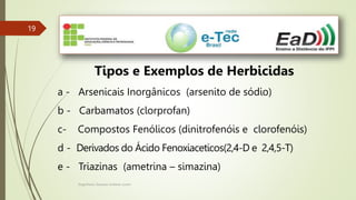 Engenheiro Zacarias Linhares Junior
19
19
Tipos e Exemplos de Herbicidas
a - Arsenicais Inorgânicos (arsenito de sódio)
b - Carbamatos (clorprofan)
c- Compostos Fenólicos (dinitrofenóis e clorofenóis)
d - Derivados do Ácido Fenoxiaceticos(2,4-D e 2,4,5-T)
e - Triazinas (ametrina – simazina)
 