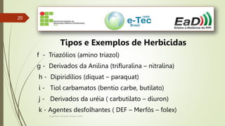Engenheiro Zacarias Linhares Junior
20
20
Tipos e Exemplos de Herbicidas
f - Triazólios (amino triazol)
g - Derivados da Anilina (trifluralina – nitralina)
h - Dipiridílios (diquat – paraquat)
i - Tiol carbamatos (bentio carbe, butilato)
j - Derivados da uréia ( carbutilato – diuron)
k - Agentes desfolhantes ( DEF – Merfós – folex)
 