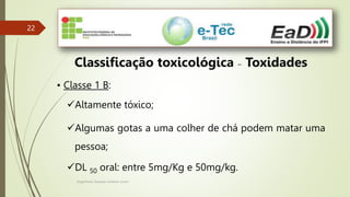 Engenheiro Zacarias Linhares Junior
22
22
Classificação toxicológica – Toxidades
• Classe 1 B:
Altamente tóxico;
Algumas gotas a uma colher de chá podem matar uma
pessoa;
DL 50 oral: entre 5mg/Kg e 50mg/kg.
 