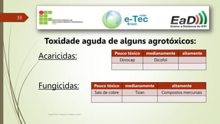 Engenheiro Zacarias Linhares Junior
33
Toxidade aguda de alguns agrotóxicos:
Acaricidas:
Fungicidas:
Pouco tóxico medianamente altamente
Dinocap Dicofol
Pouco tóxico medianamente altamente
Sais de cobre Tiran Compostos mercuriais
 