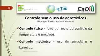 Engenheiro Zacarias Linhares Junior
83
Controle sem o uso de agrotóxicos
(de pragas, doenças e plantas invasoras)
Controle físico - feito por meio do controle da
temperatura e umidade;
Controle mecânico - uso de armadilhas e
barreiras.
 