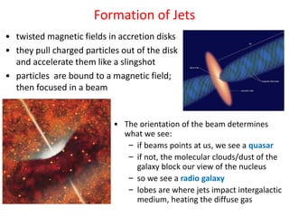 Formation of Jets
• twisted magnetic fields in accretion disks
• they pull charged particles out of the disk
and accelerate them like a slingshot
• particles are bound to a magnetic field;
then focused in a beam
• The orientation of the beam determines
what we see:
– if beams points at us, we see a quasar
– if not, the molecular clouds/dust of the
galaxy block our view of the nucleus
– so we see a radio galaxy
– lobes are where jets impact intergalactic
medium, heating the diffuse gas
 