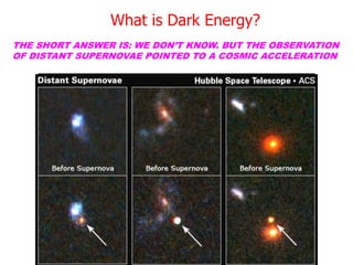 What is Dark Energy?
THE SHORT ANSWER IS: WE DON’T KNOW. BUT THE OBSERVATION
OF DISTANT SUPERNOVAE POINTED TO A COSMIC ACCELERATION
 