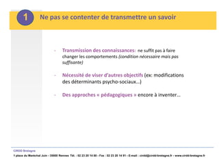 1           Ne pas se contenter de transmettre un savoir



                              -     Transmission des connaissances: ne suffit pas à faire
                                    changer les comportements (condition nécessaire mais pas
                                    suffisante)

                              -     Nécessité de viser d’autres objectifs (ex: modifications
                                    des déterminants psycho-sociaux…)

                              -     Des approches « pédagogiques » encore à inventer…




CIRDD Bretagne
1 place du Maréchal Juin - 35000 Rennes Tél. : 02 23 20 14 60 - Fax : 02 23 20 14 91 - E-mail : cirdd@cirdd-bretagne.fr - www.cirdd-bretagne.fr
 