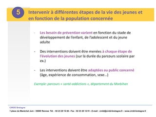 5           Intervenir à différentes étapes de la vie des jeunes et
                   en fonction de la population concernée

                         -     Les besoin de prévention varient en fonction du stade de
                               développement de l’enfant, de l’adolescent et du jeune
                               adulte

                         -     Des interventions doivent être menées à chaque étape de
                               l’évolution des jeunes (sur la durée du parcours scolaire par
                               ex.)

                         -     Les interventions doivent être adaptées au public concerné
                               (âge, expérience de consommation, sexe…)

                         Exemple: parcours « santé-addictions », département du Morbihan




CIRDD Bretagne
1 place du Maréchal Juin - 35000 Rennes Tél. : 02 23 20 14 60 - Fax : 02 23 20 14 91 - E-mail : cirdd@cirdd-bretagne.fr - www.cirdd-bretagne.fr
 