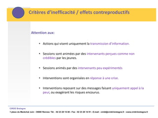 Critères d’inefficacité / effets contreproductifs


                      Attention aux:

                              • Actions qui visent uniquement la transmission d’information.

                              • Sessions sont animées par des intervenants perçues comme non
                                crédibles par les jeunes.

                              • Sessions animés par des intervenants peu expérimentés

                              • Interventions sont organisées en réponse à une crise.

                              • Interventions reposant sur des messages faisant uniquement appel à la
                                peur, ou exagérant les risques encourus.



CIRDD Bretagne
1 place du Maréchal Juin - 35000 Rennes Tél. : 02 23 20 14 60 - Fax : 02 23 20 14 91 - E-mail : cirdd@cirdd-bretagne.fr - www.cirdd-bretagne.fr
 