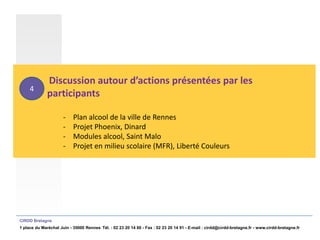 Discussion autour d’actions présentées par les
     4
              participants

                      -    Plan alcool de la ville de Rennes
                      -    Projet Phoenix, Dinard
                      -    Modules alcool, Saint Malo
                      -    Projet en milieu scolaire (MFR), Liberté Couleurs




CIRDD Bretagne
1 place du Maréchal Juin - 35000 Rennes Tél. : 02 23 20 14 60 - Fax : 02 23 20 14 91 - E-mail : cirdd@cirdd-bretagne.fr - www.cirdd-bretagne.fr
 
