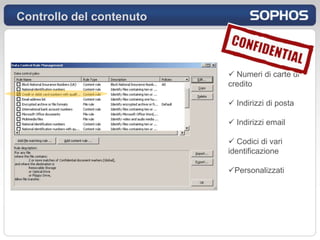 Controllo del contenuto



                           Numeri di carte di
                          credito

                           Indirizzi di posta

                           Indirizzi email

                           Codici di vari
                          identificazione

                          Personalizzati
 