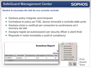 SafeGuard Management Center
Gestire la sicurezza dei dati da una console centrale


     Gestisce policy integrate user/computer
     Centralizza le policy per FDE, device removibili e controllo delle porte
     Gestisce chiavi e certificati per consentire la condivisione ed il
     recovery dei dati
     Assegna regole ed autorizzazioni per security officer e utenti finali
     Risponde in modo immediato a audit di compliancy




                                                                       Print,
                                                                       Export,
                                                                       Save
 