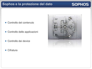 Sophos e la protezione del dato




   Controllo del contenuto


   Controllo delle applicazioni


   Controllo dei device


   Cifratura
 
