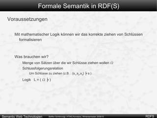 Dies führte zu diversen Problemen, da die Konzepte von unterschiedlichen Tool-Herstellern unterschiedlich interpretiert wurden Vor allem bei Triple-Stores Gleiche Anfrage an zwei unterschiedliche Store-Systeme kann unterschiedliche Resultate liefern obwohl die Systeme die gleichen Daten enthalten. => Wir benötigen eine formale Semantik 