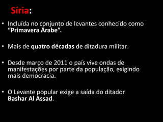 Síria:
• Incluída no conjunto de levantes conhecido como
“Primavera Árabe”.
• Mais de quatro décadas de ditadura militar.
• Desde março de 2011 o país vive ondas de
manifestações por parte da população, exigindo
mais democracia.
• O Levante popular exige a saída do ditador
Bashar Al Assad.

 