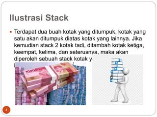 Ilustrasi Stack
4
 Terdapat dua buah kotak yang ditumpuk, kotak yang
satu akan ditumpuk diatas kotak yang lainnya. Jika
kemudian stack 2 kotak tadi, ditambah kotak ketiga,
keempat, kelima, dan seterusnya, maka akan
diperoleh sebuah stack kotak yang terdiri dari N
kotak.
 