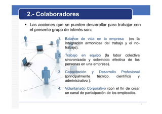 2.- Colaboradores
 Las acciones que se pueden desarrollar para trabajar con
  e p ese e g upo
  el presente grupo de interés son:
                          e és so

                1.   Balance de vida en la empresa (es la
                     integración armoniosa del trabajo y el no-
                                                            no
                     trabajo).

                2.   Trabajo en equipo (la labor colectiva
                           j        q p    (
                     sincronizada y sobretodo efectiva de las
                     personas en una empresa).

                3.   Capacitación      y Desarrollo Profesional
                     (principalmente     técnico,  científico y
                     administrativo ).

                4.   Voluntariado Corporativo (con el fin de crear
                     un canal de participación de los empleados.

                                                                     6
 