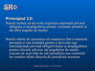 Principiul 13:   Statele trebuie să dezvolte legislaţia naţională privind obligaţia şi despăgubirea pentru victimele poluării şi ale altor pagube de mediu.  Statele tebuie de asemenea să coopereze într-o manieră promptă şi mai hotărâtă pentru a dezvolta legi internaţionale privind obligativitatea şi despăgubirea pentru efectele adverse ale pagubelor de mediu cauzate de activităţi de sub jurisdicţia sau controlul lor zonelor aflate dincolo de jurisdicţia acestora. A  O SR 