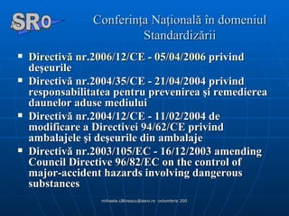 Conferinţa Naţională în domeniul Standardizării Directivă nr.2006/12/CE - 05/04/2006  privind deşeurile  Directivă nr.2004/35/CE - 21/04/2004 privind responsabilitatea pentru prevenirea şi remedierea daunelor aduse mediului  Directivă nr.2004/12/CE - 11/02/2004 de modificare a Directivei 94/62/CE privind ambalajele şi deşeurile din ambalaje  Directivă nr.2003/105/EC - 16/12/2003 amending Council Directive 96/82/EC on the control of major-accident hazards involving dangerous substances  A  O SR 