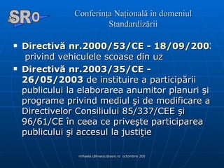 Conferinţa Naţională în domeniul Standardizării Directivă nr.2000/53/CE - 18/09/2003  privind vehiculele scoase din uz  Directivă nr.2003/35/CE - 26/05/2003  de instituire a participării publicului la elaborarea anumitor planuri şi programe privind mediul şi de modificare a Directivelor Consiliului 85/337/CEE şi 96/61/CE în ceea ce priveşte participarea publicului şi accesul la justiţie  A  O SR 