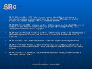 SR EN ISO 14855-1:2008 Determinarea biodegradabilităţii aerobe finale a materialelor plastice în condiţii controlate de compostaj. Metoda prin analiza dioxidului de carbon degajat. Partea 1 : Metodă generală SR EN ISO 17556:2005 Materiale plastice. Determinarea biodegradabilităţii aerobe finale în sol prin măsurarea consumului de oxigen într-un respirometru sau a cantităţii de dioxid de carbon degajate SR EN ISO 20200:2006 Materiale plastice. Determinarea gradului de dezintegrare a materialelor plastice în condiţii de încercare la compostaj simulate la scară de laborator SR EN ISO 846:2000 Materiale plastice. Evaluarea acţiunii microorganismelor SR EN 14047:2004 Ambalaje. Determinarea biodegradabilităţii aerobice finale a materialelor de ambalare în mediu apos. Metoda prin analiza dioxidului de carbon eliberat SR EN 14048:2004 Ambalaje. Determinarea biodegradabilităţii aerobice finale a materialelor de ambalare A  O SR 