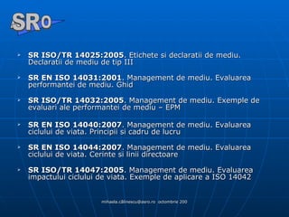 SR ISO/TR 14025:2005 . Etichete si declaratii de mediu. Declaratii de mediu de tip III SR EN ISO 14031:2001 . Management de mediu. Evaluarea performantei de mediu. Ghid SR ISO/TR 14032:2005 . Management de mediu. Exemple de evaluari ale performantei de mediu – EPM SR EN ISO 14040:2007 . Management de mediu. Evaluarea ciclului de viata. Principii si cadru de lucru SR EN ISO 14044:2007 . Management de mediu. Evaluarea ciclului de viata. Cerinte si linii directoare SR ISO/TR 14047:2005 . Management de mediu. Evaluarea impactului ciclului de viata. Exemple de aplicare a ISO 14042 A  O SR 