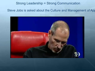 Strong Leadership = Strong Communication
Steve Jobs is asked about the Culture and Management of App
 