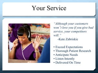 Your Service
“Although your customers
won’t love you if you give bad
service, your competitors
will.”
-Kate Zabriskie
• Exceed Expectations
• Thorough Patient Research
• Anticipate Needs
• Listen Intently
• Delivered On Time
 