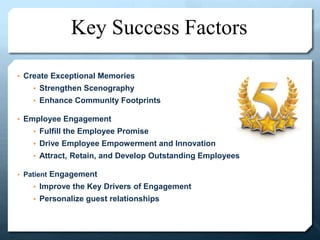Key Success Factors
• Create Exceptional Memories
• Strengthen Scenography
• Enhance Community Footprints
• Employee Engagement
• Fulfill the Employee Promise
• Drive Employee Empowerment and Innovation
• Attract, Retain, and Develop Outstanding Employees
• Patient Engagement
• Improve the Key Drivers of Engagement
• Personalize guest relationships
 